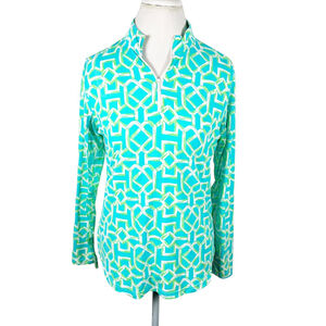 Icikuls UPF 50+ mock neck 1/4 zip top blue green mosaic long sleeve Size M